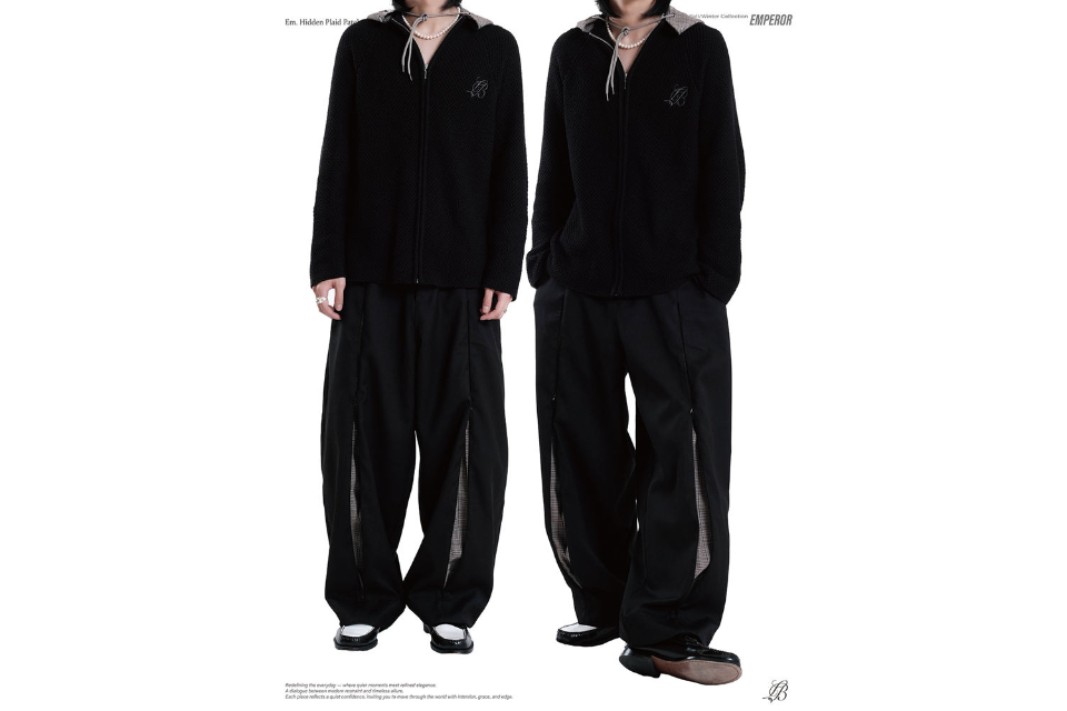 Hidden plaid patched wide trousers (9)